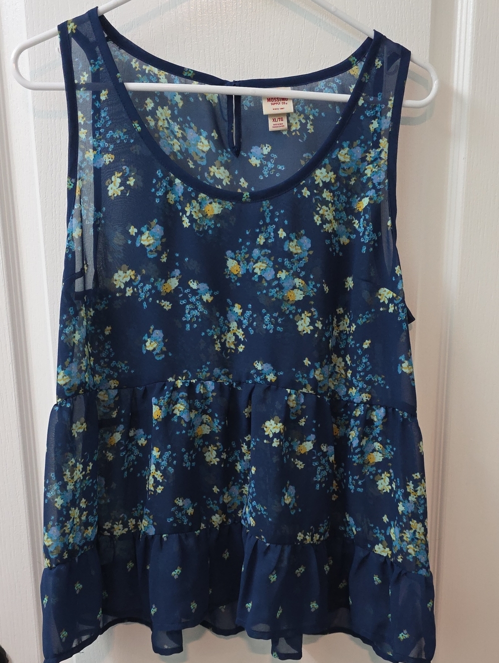 Mossimo Supply Co. Sheer Floral Tiered
Ruffle Tank Top - Blue, Size XL